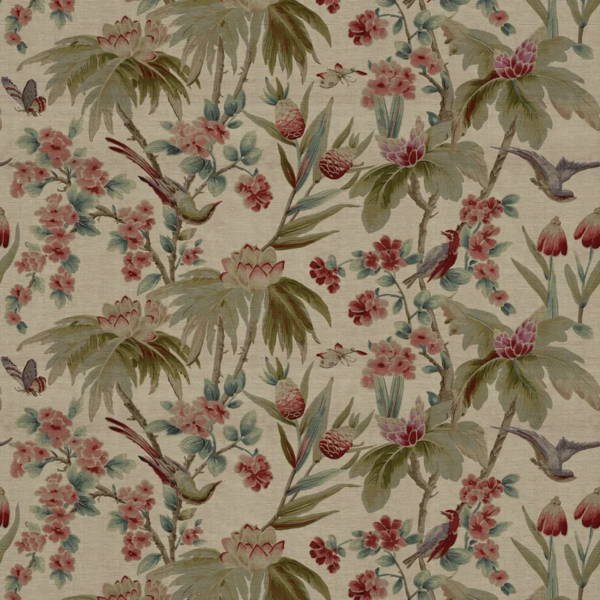 Bird & Blossom Fabric - Antique by Bird & Blossom Fabric from Warwick Archive Prints collection - red botanical printed
