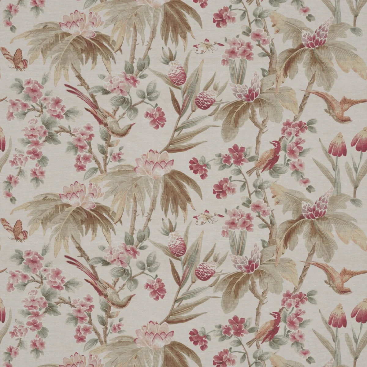 Bird & Blossom Fabric - Document by Bird & Blossom Fabric from Warwick Archive Prints collection - pink botanical printed